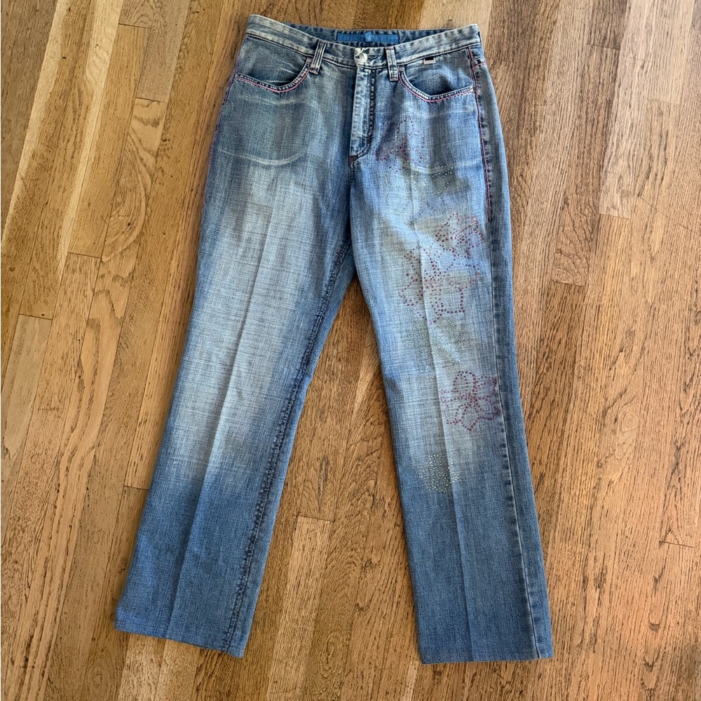 Escada Sport Vintage Italian Jeans | Size 42 (US 10) | Rhinestone Floral Detail